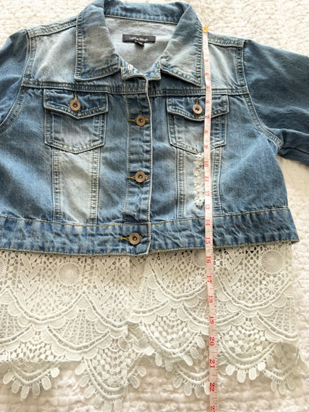 Leo & Viola Denim Jacket Distressed with Lace Crochet Details Bell Sleeve - Picture 8 of 8
